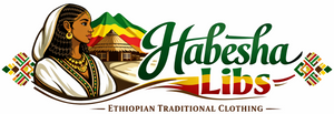 Logo of Habesha Libs with an illustration of a woman and traditional clothing design on a white background.